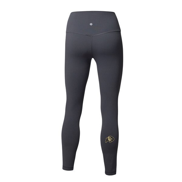 Dark grey high rise lululemon legging with the CU Buffalo logo on the right calf.